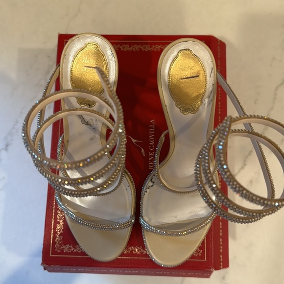 Rene Caovilla "Cleo" sandals  Beige Satin with Golden Shadow Strass crystal 40.5 - Picture 7 of 9